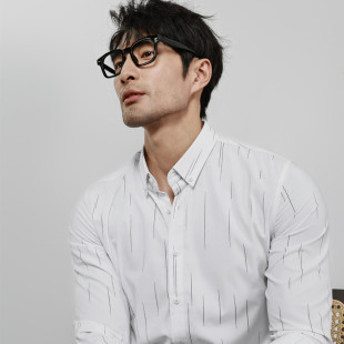 休闲百搭职场上班绅装 男士 免烫衬衣男 商务长尖领扣领条纹衬衫 秋季