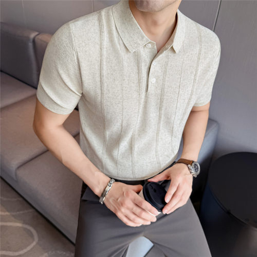 【双色亚麻】老钱风透气吸湿翻领Polo针织短袖条纹休闲商务T恤男