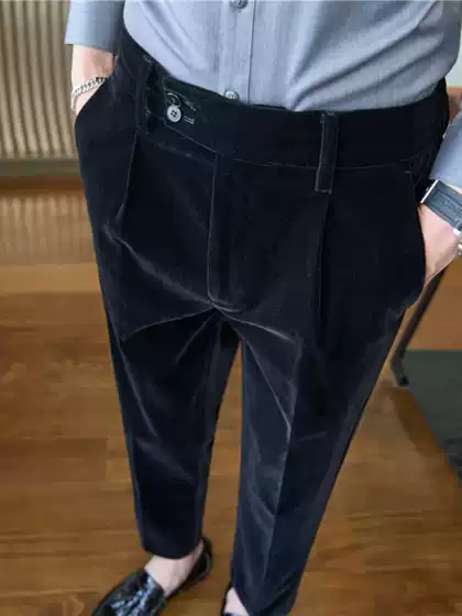 Men's Velvet Casual Trousers Naples High-Waisted Trousers Autumn and Winter Thick Fabric Slim Fit Warm Suit Trousers