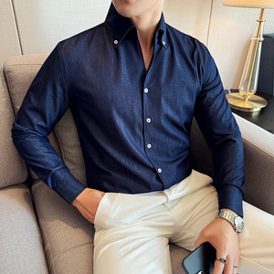 高级感牛仔衬衫男士商务一片领休闲长袖水洗衬衣春秋季修身百搭潮