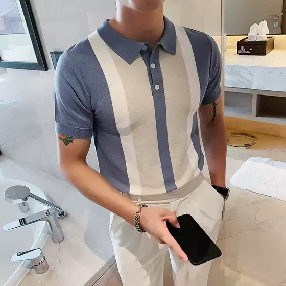 Summer Lightweight Breathable Lapel Short-Sleeved T-Shirt for Men, Youth Business Fashion Striped Color-Blocking Slim-Fit Knitted Polo Shirt