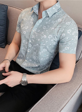 时尚碎花短袖衬衫男夏季薄款小清新印花半袖衬衣个性修身青年男装