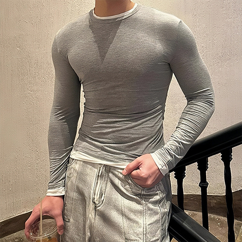 灰色美式假两件长袖t恤男健身运动显肌肉弹力修身上衣内搭打底衫