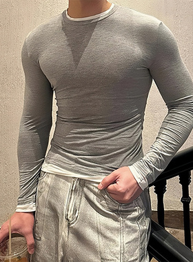 灰色美式假两件长袖t恤男健身运动显肌肉弹力修身上衣内搭打底衫