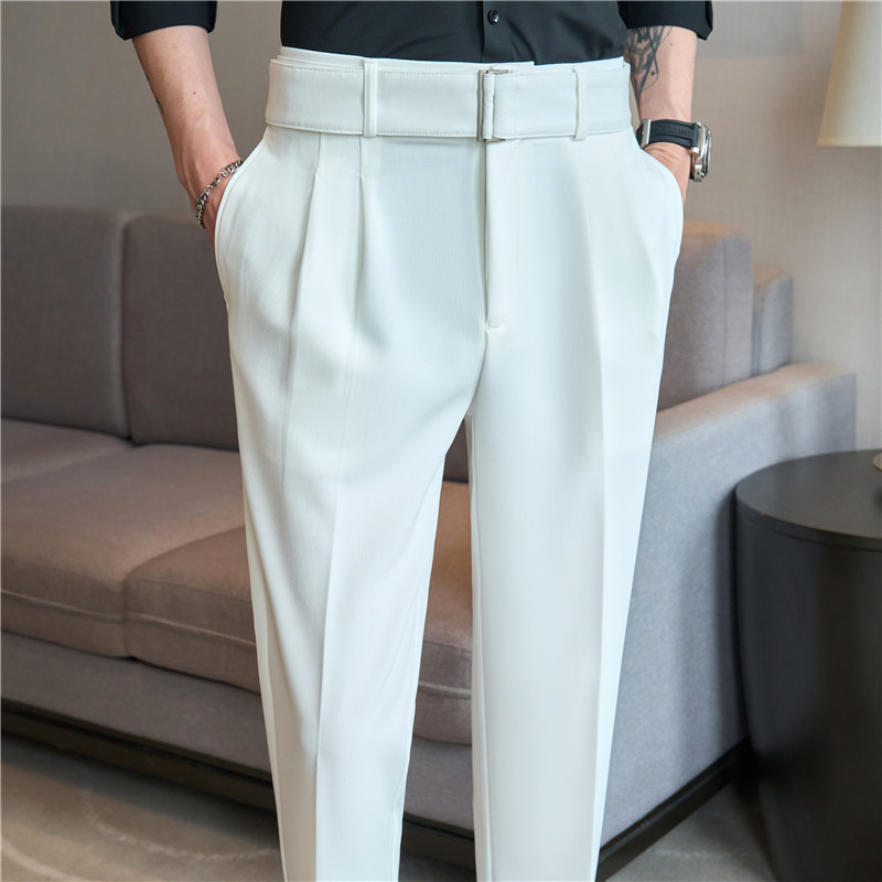 带腰带冰丝裤子高级感那不勒斯直筒西裤男垂坠感松紧腰休闲西装裤