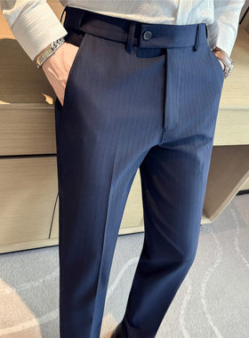 松紧腰条纹西裤男2026春秋新款时尚潮流修身垂感小脚商务西装长裤
