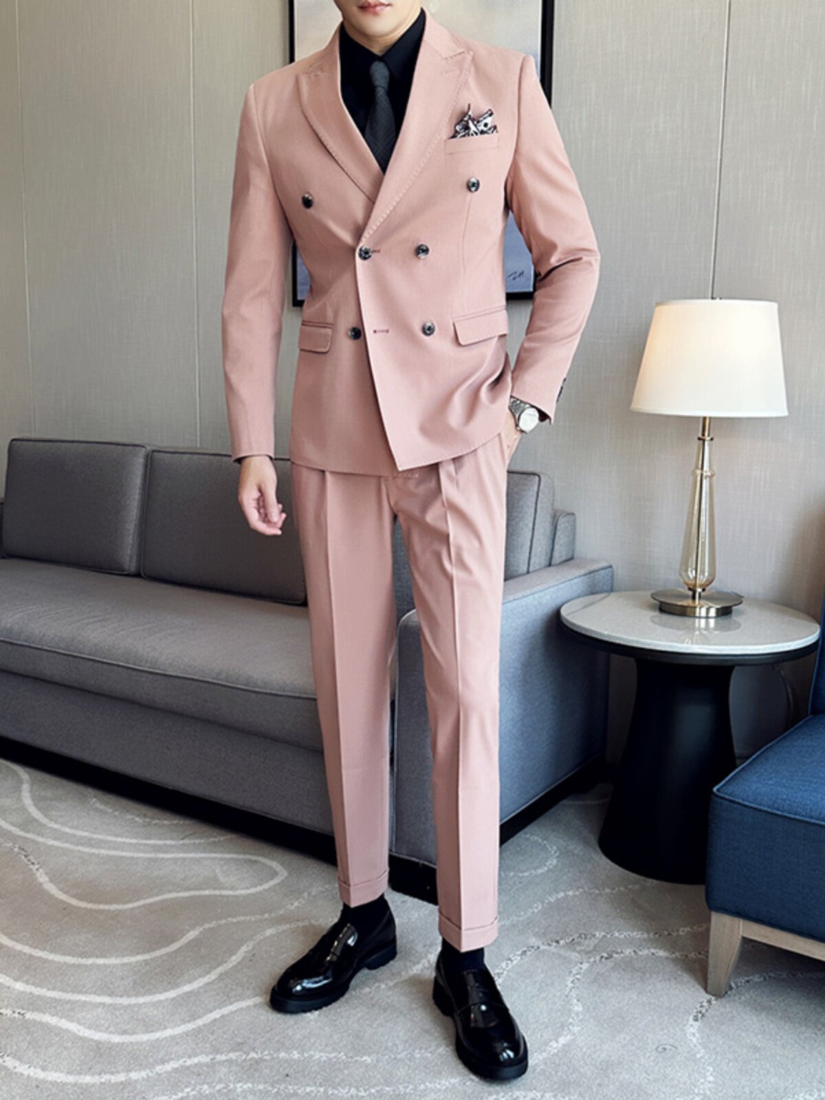 PINK SUIT MENS KOREAN VERSION SLIM DOUBLE-BREASTED SUIT THREE-PIECE HANDSOME GROOM WEDDING DRESS JACKET