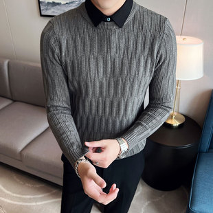 假领提花针织衫 秋冬假两件毛衣男弹力加厚修身 领男士 衬衫 纯色长袖