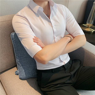 帅气衬衫 韩版 衬衣短袖 夏季 中袖 潮流发型师7七分袖 修身 纯色男士