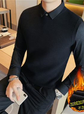 假两件加绒加厚衬衫领男士毛衣冬季保暖条纹修身针织衫毛衫上衣潮