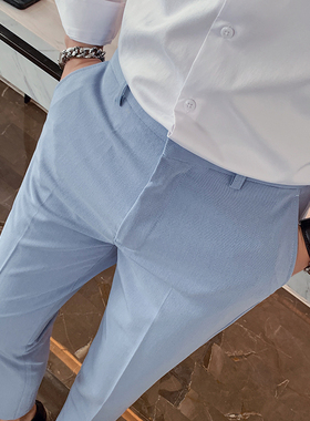 坠感休闲九分西裤男士韩版修身夏季白色小脚裤抗皱英伦纯色西装裤