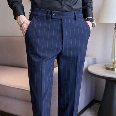 男士高端西裤春秋季商务正装条纹休闲长裤修身小脚高级感西装裤子