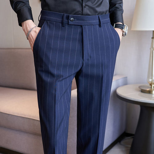 男士高端西裤春秋季商务正装条纹休闲长裤修身小脚高级感西装裤子