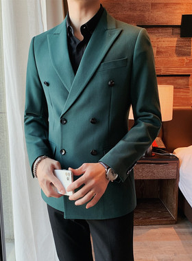 春季英伦修身双排扣小西装外套韩版质感绿色休闲商务西服潮流男装