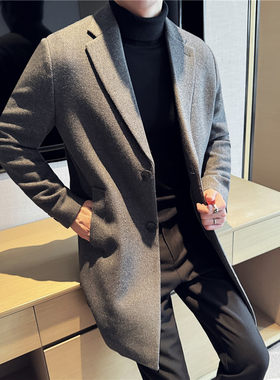 高级感男士中长款羊毛呢子大衣加厚夹棉西装领休闲毛呢西服外套潮