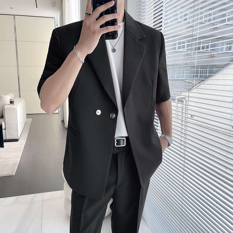 轻熟风七分袖休闲西装男夏季薄款宽松中袖西服两件套短袖西服套装