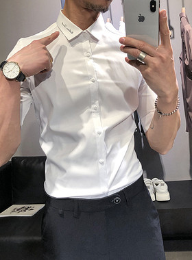 衬衫男短袖修身夏季薄款刺绣中袖衬衣韩版潮流帅气免烫白色五分袖