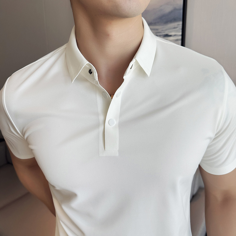 磁铁纽扣高级设计感无痕压胶polo衫男短袖修身夏季华夫格薄款t恤