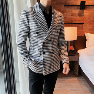 英伦风格 春秋季 复古休闲西服上衣男韩版 修身 外套潮 子双排扣小西装