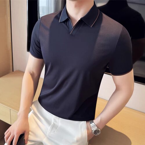 高级感撞色小v领薄款冰丝亲肤垂感POLO衫男款夏季弹力翻领短袖T恤