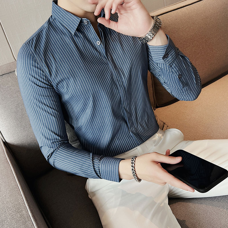 高级感竖条纹长袖衬衫男修身