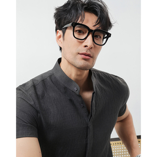 男凉爽透气休闲衬衫 薄 老钱风衬衣夏季 棉麻亨利衫 硬汉立领 短袖