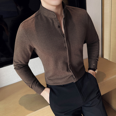 高级感加厚磨毛呢立领衬衫男长袖秋冬季条纹休闲保暖中山装衬衣男