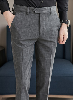 男士休闲裤秋冬季新款修身小脚商务格子西裤潮流灰色西装长裤子男