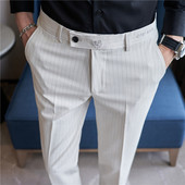 男裤 西裤 修身 直筒商务弹力休闲裤 子潮 高级感刺绣时尚 竖条纹裤 男士