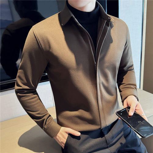 毛衣衬衫假两件男士秋冬季男装2025新款毛呢保暖拉链长袖衬衣外套