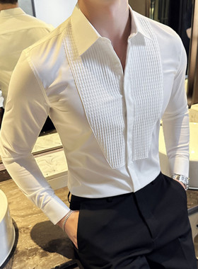免烫衬衫男士商务正装西装高级感结婚西服新郎礼服白色衬衣拼接潮