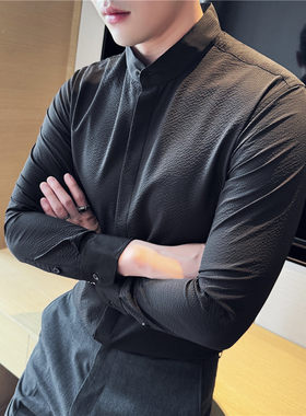 春秋高级感时尚弹力泡泡纱长袖衬衫男士休闲通勤新中式立领衬衣潮