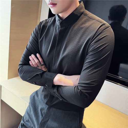 春秋高级感时尚弹力泡泡纱长袖衬衫男士休闲通勤新中式立领衬衣潮