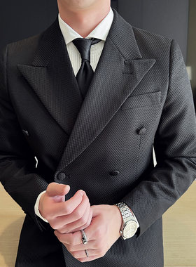 男士高级感2025新款戗驳领双排扣华夫格西装商务休闲西服套装帅气