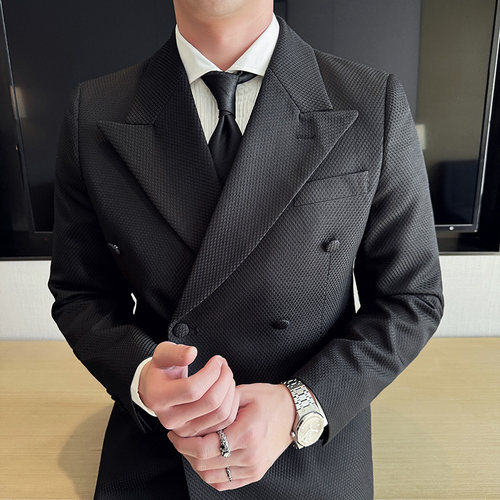 男士高级感2025新款戗驳领双排扣华夫格西装商务休闲西服套装帅气