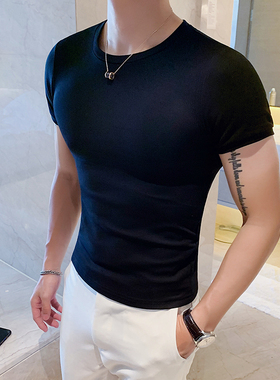 夏季新款个性时尚修身短袖男T恤韩版紧身圆领白色紧身打底衫半袖