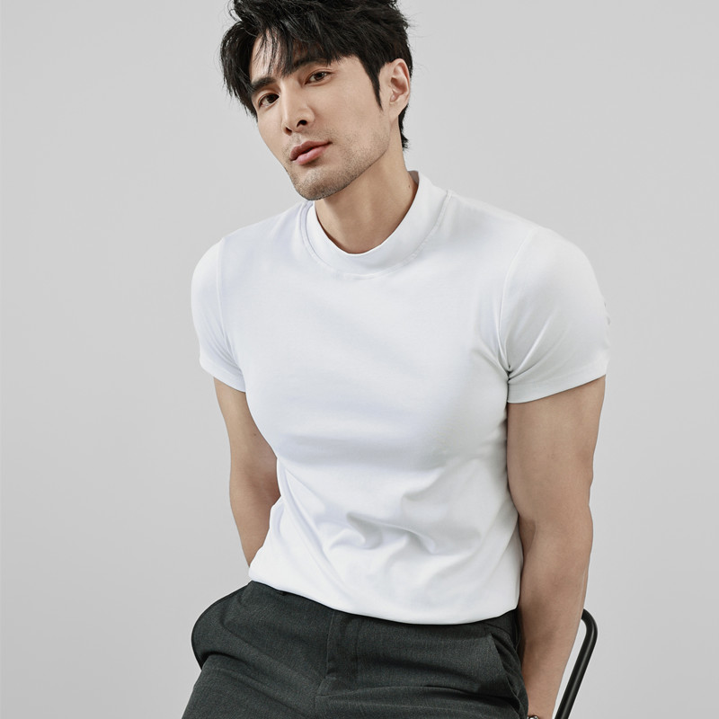 白色打底衫男短袖半高领全纯棉修身圆领贴身薄款中领西装内搭t恤