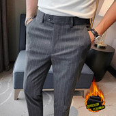 高级感商务正装 西装 修身 弹力条纹休闲加绒西裤 小脚九分裤 男士 长裤