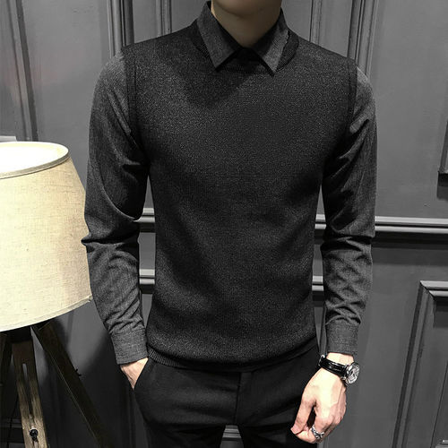 秋冬季老钱风加厚男士假两件毛衣男加绒保暖衬衫领打底衫针织男装