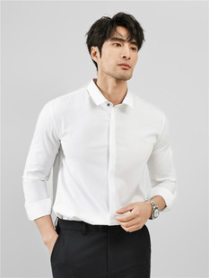 绸缎质感无痕高级感免烫衬衫男士长袖隐藏扣绅士商务休闲白色衬衣