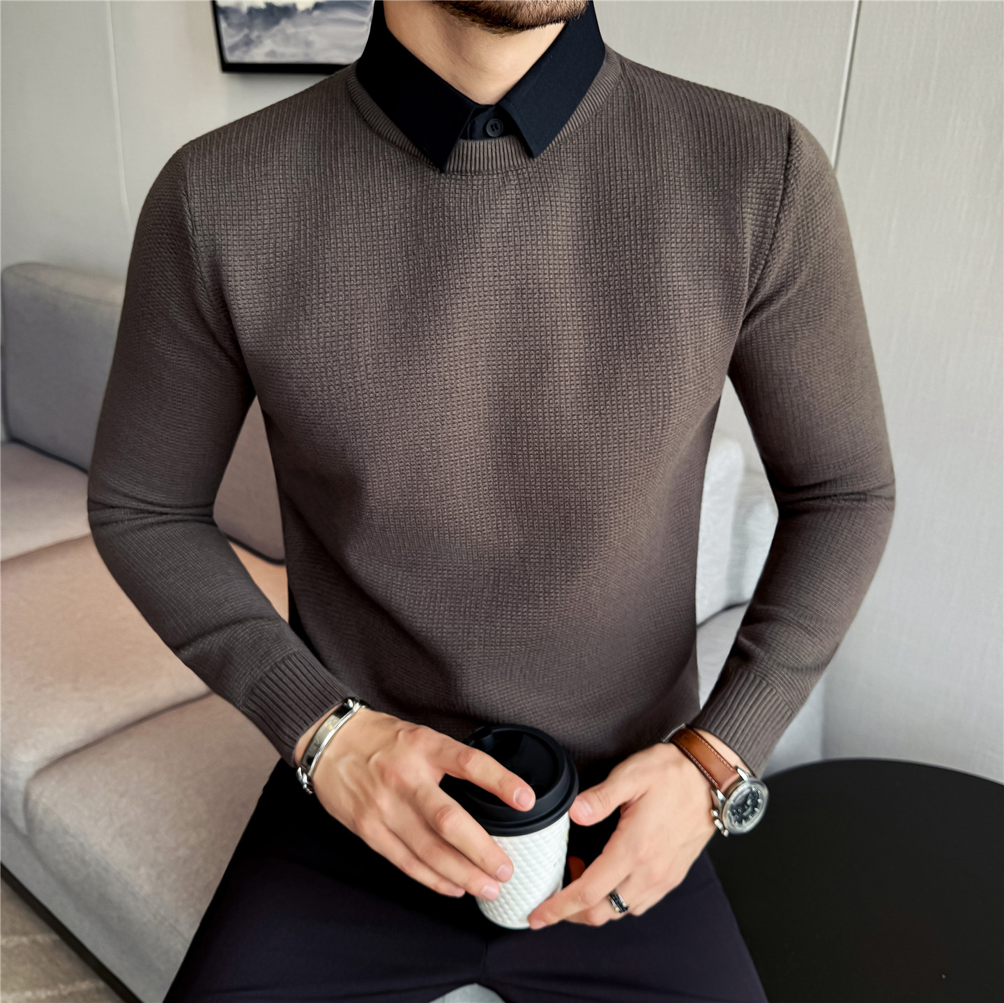 假两件毛衣男秋冬季商务加厚加绒衬衫领针织衫修身高级感保暖上衣