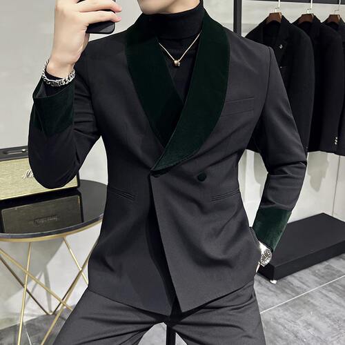 青果领西装男外套丝绒拼接
