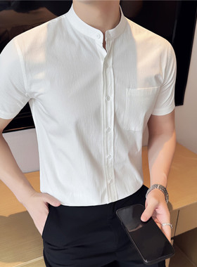 新中式立领条纹白色短袖衬衫2026新款男士夏季高档舒适纯棉衬衣