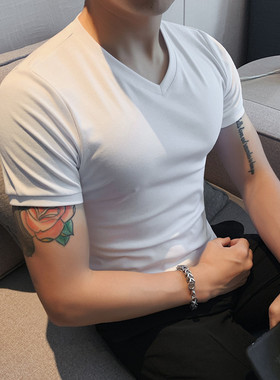 T恤男短袖V领夏季弹力修身紧身纯棉白色纯色打底衫男士长袖体恤潮