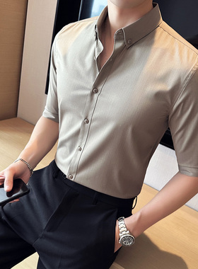 夏季半袖衬衫男士薄款七分袖韩版潮流短袖五分中袖男休闲纯色衬衣