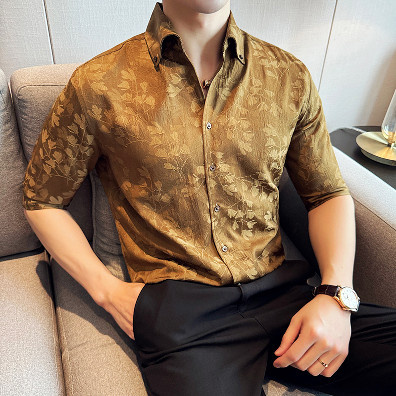 花衬衫短袖男款夏季冰丝薄款褶皱垂感高级感痞帅v领七分中袖衬衣