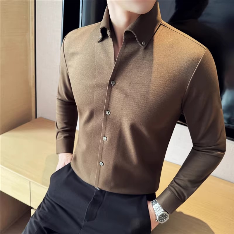 高级感无痕毛呢绒V领长袖衬衫男2025秋冬一字领加厚保暖休闲衬衣