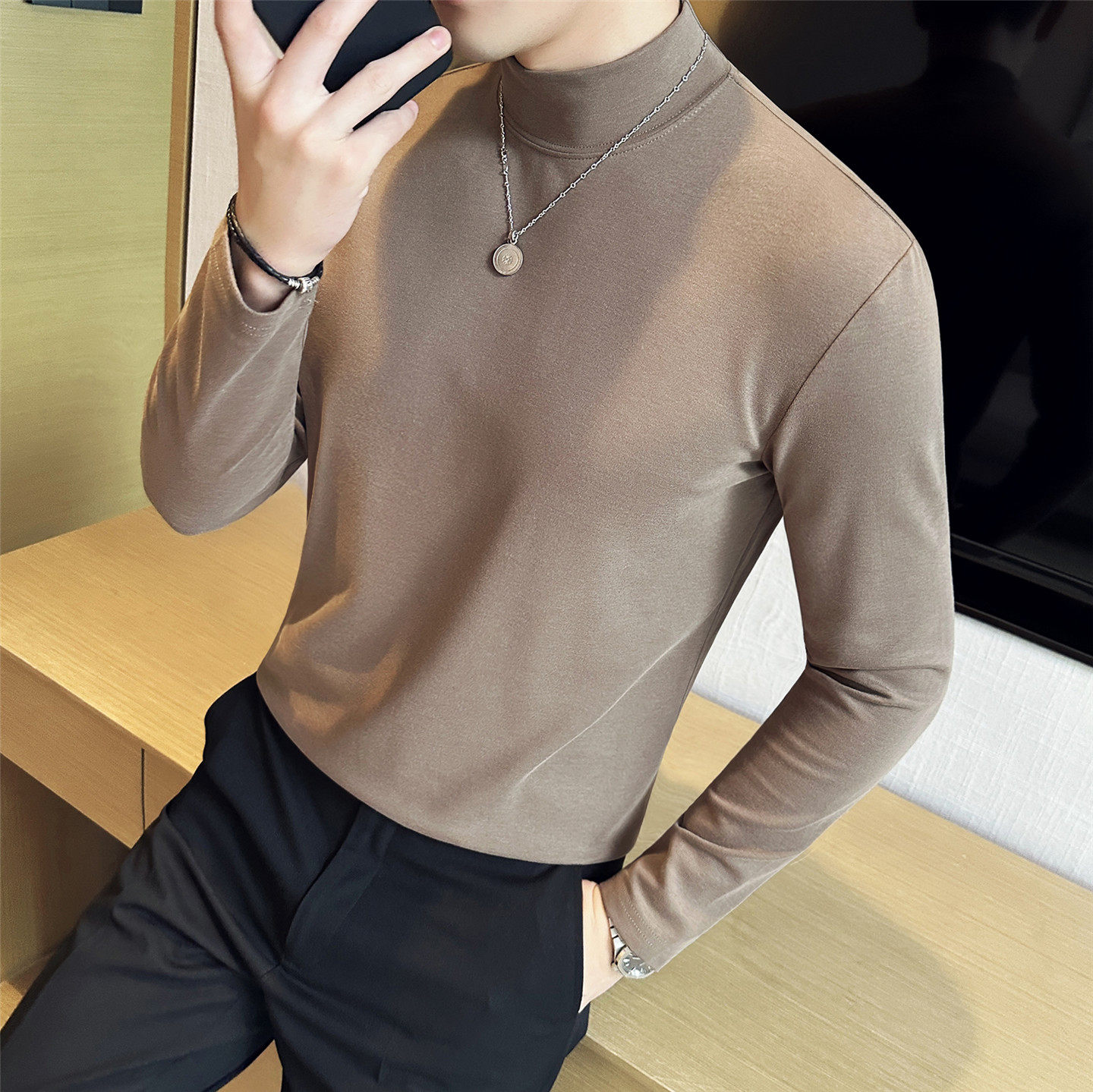 秋冬高级感纯色棉半高领打底衫男中领贴身内搭长袖白色T恤上衣潮,男装,T恤,淘宝优惠券,粉丝福利购,淘宝优惠卷