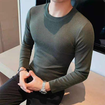 秋冬暗条纹长袖t恤男士修身圆领打底衫潮流休闲体恤加厚加绒上衣