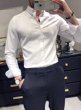 白色衬衫男长袖韩版潮流休闲百搭帅气修身商务免烫衬衣打底短袖男